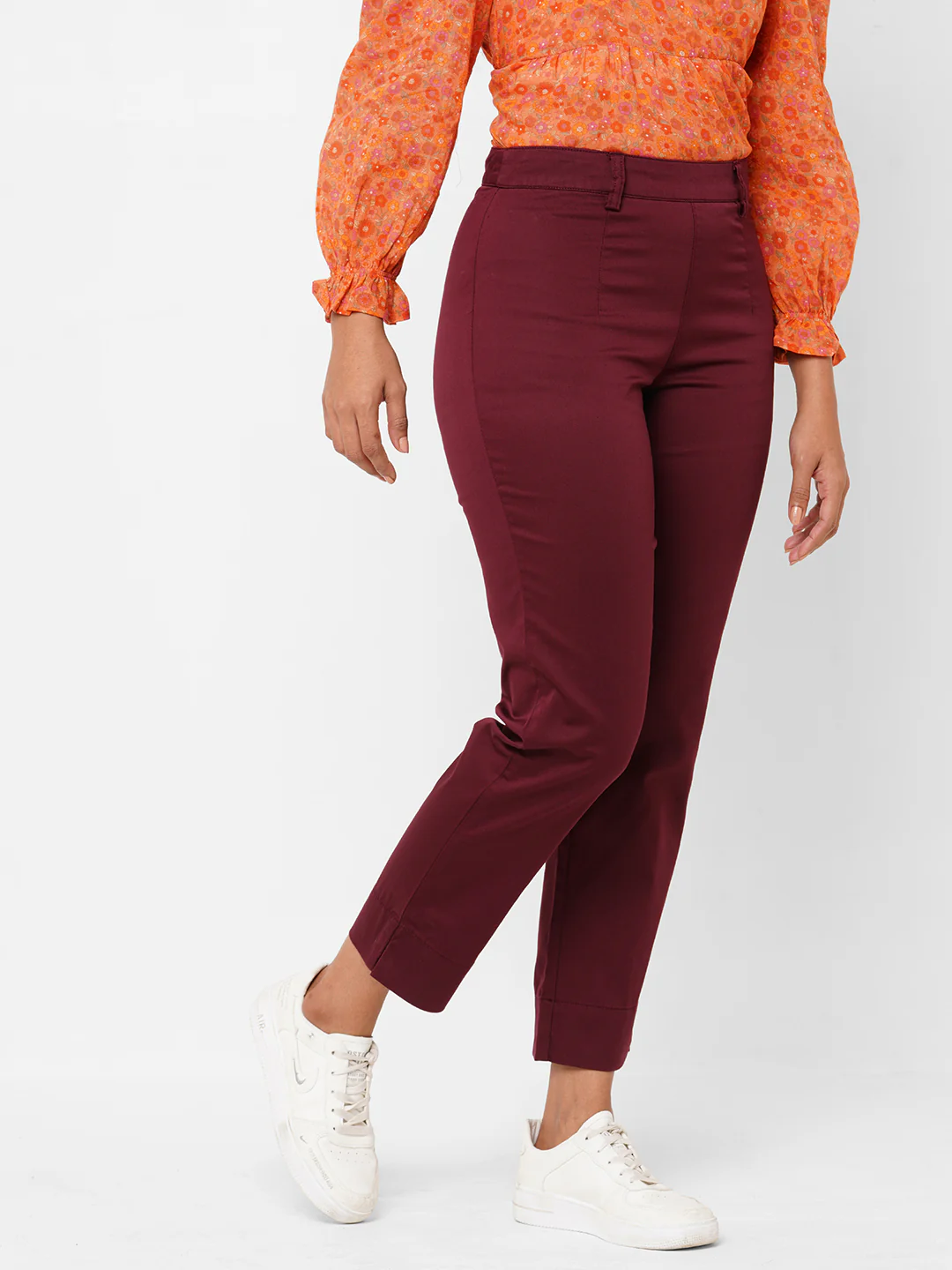 Women's Maroon/Red Cotton Lycra Regular Fit Pant - Image 3
