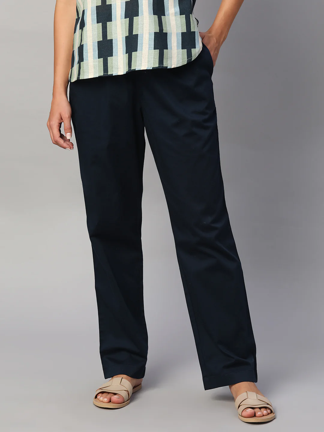 Women's Navy Cotton Lycra Regular Fit Pant - Image 2