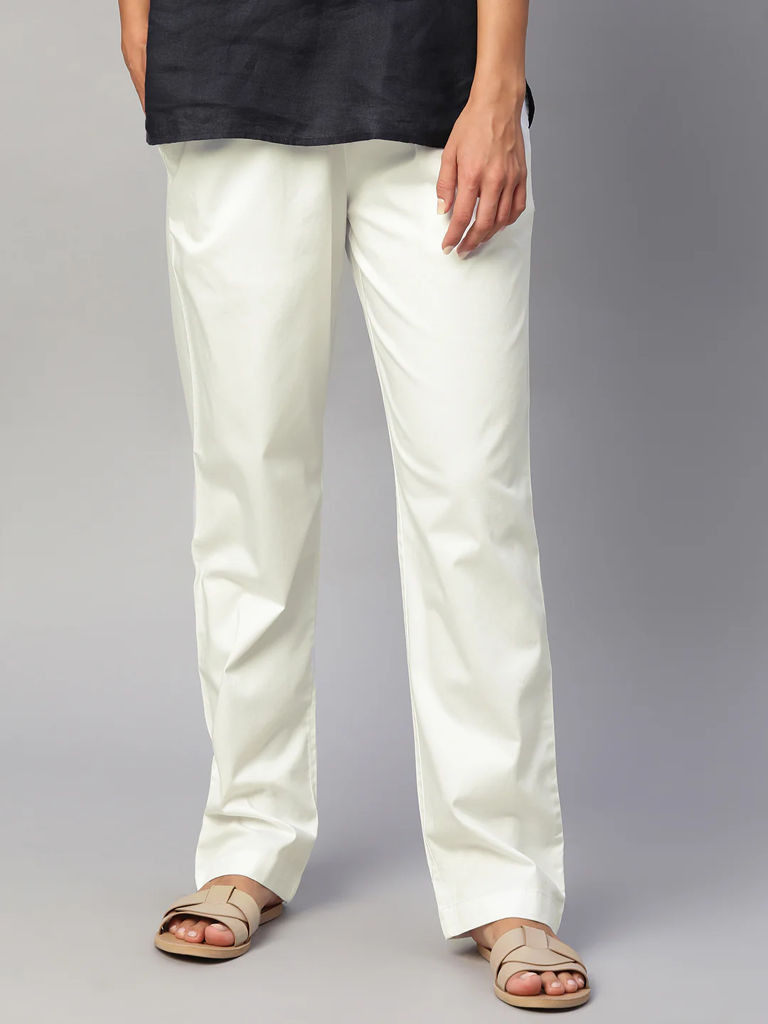 Women's White Cotton Lycra Regular Fit Pant - Image 2