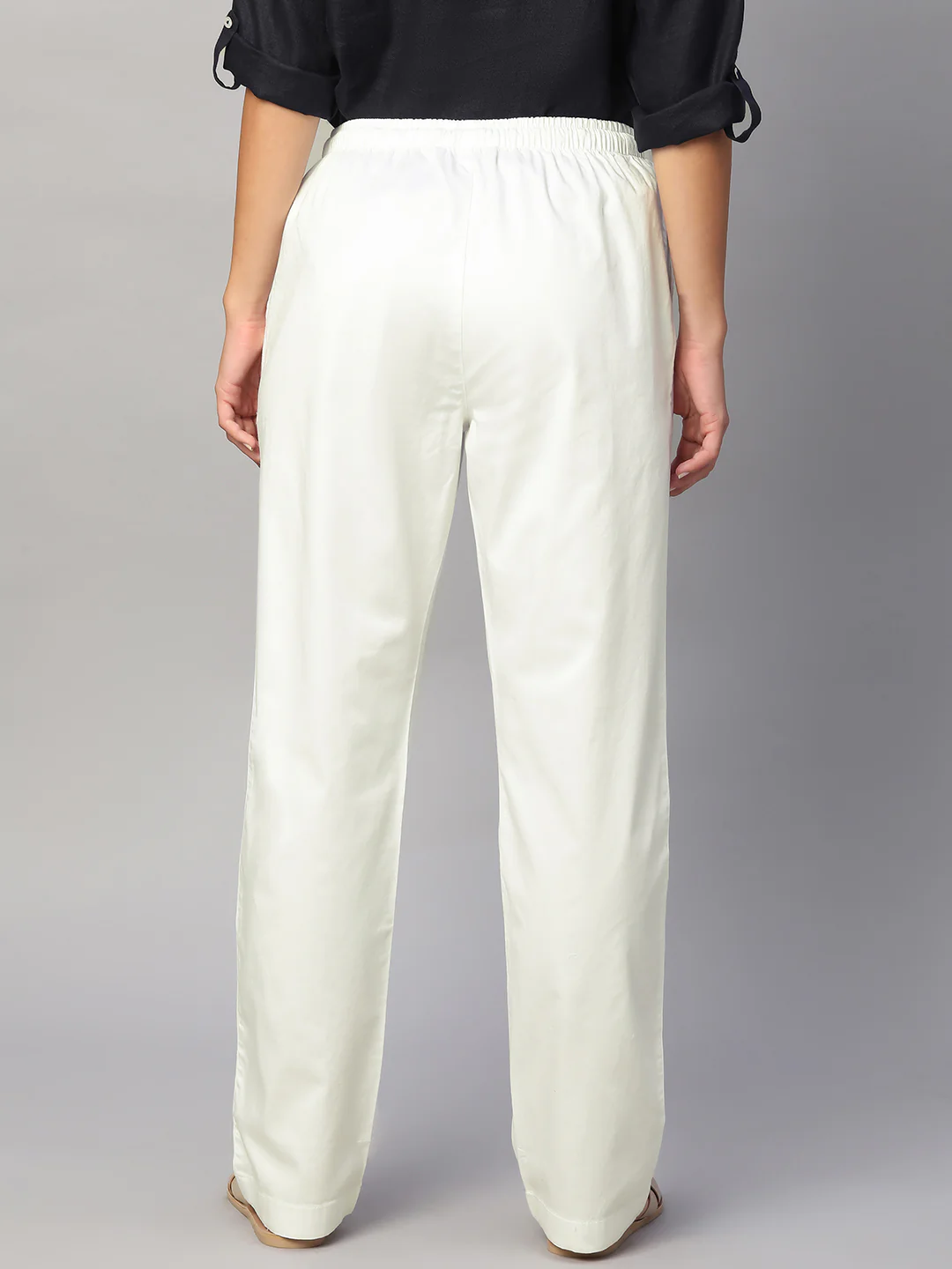 Women's White Cotton Lycra Regular Fit Pant - Image 5