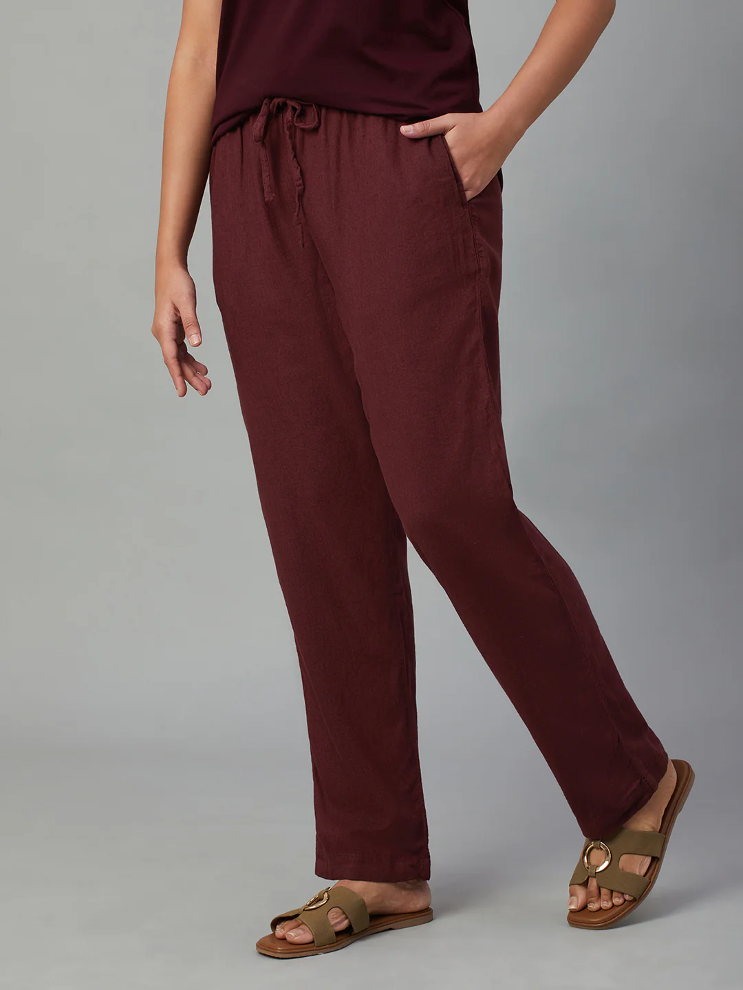 Women's Wine Linen Viscose Regular Fit Pant - Image 3