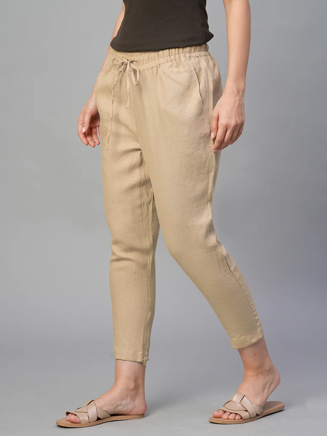 Women's Khaki 100% Linen Slim Fit Pant - Image 3