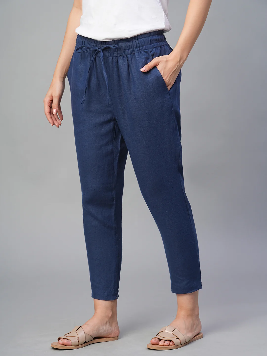 Women's Navy 100% Linen Slim Fit Pant - Image 2