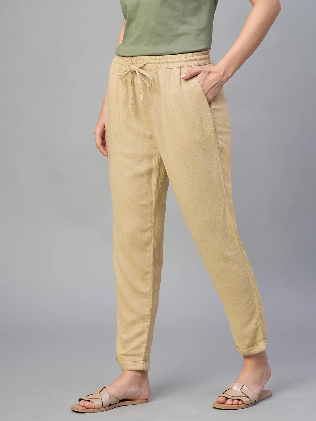 Women's Khaki Linen Viscose Regular Fit Pant - Image 3
