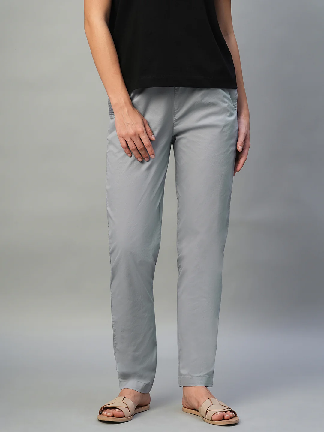 Women's Light Grey Cotton Lycra Regular Fit Pant - Image 2