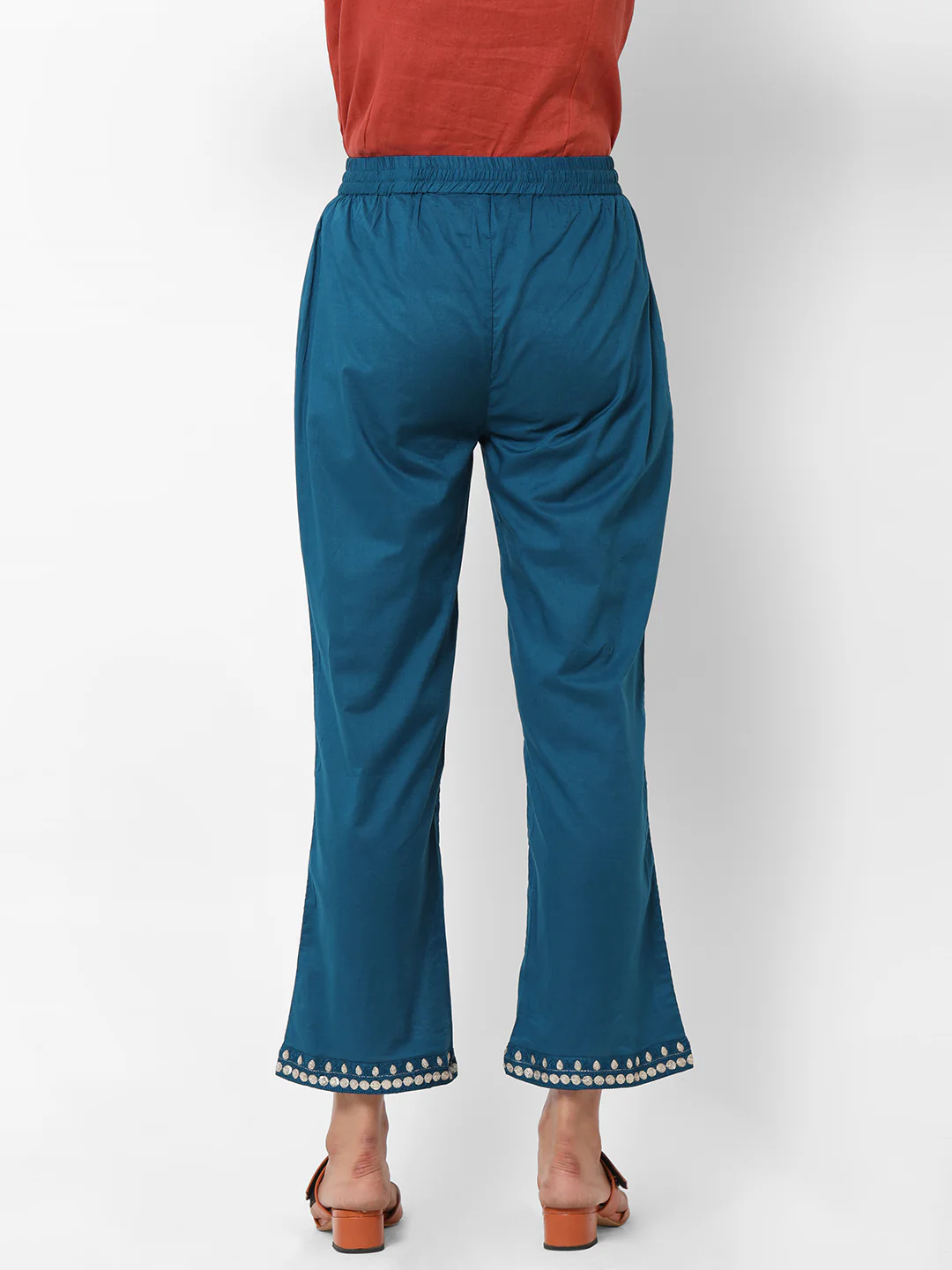 Women's Teal Cotton Regular Fit Pants - Image 4