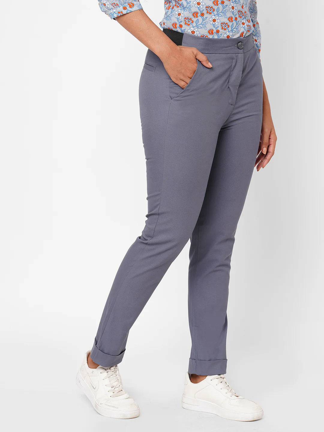 Women's Blue Cotton Lurex Slim Fit Pant - Image 3