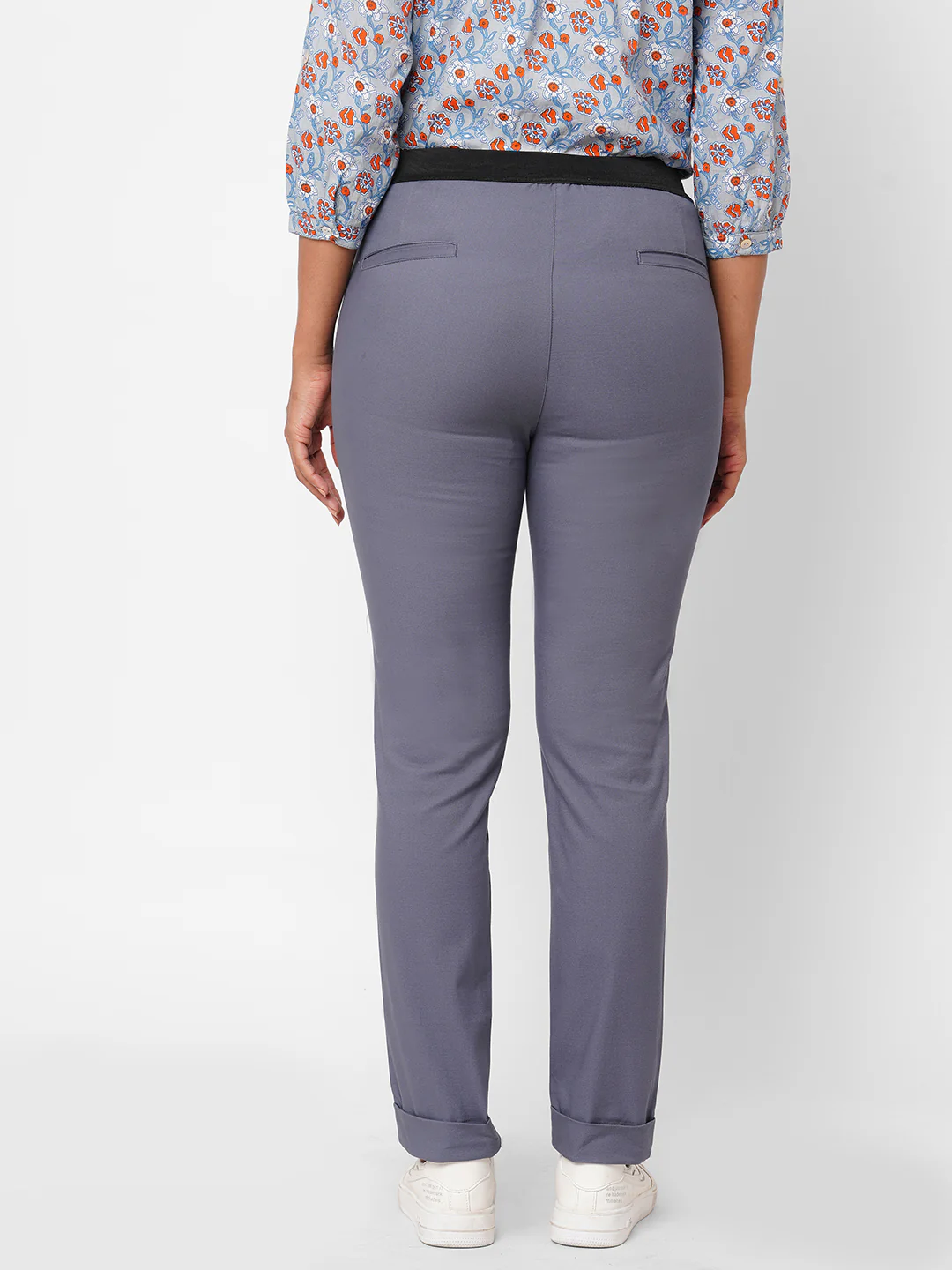 Women's Blue Cotton Lurex Slim Fit Pant - Image 4