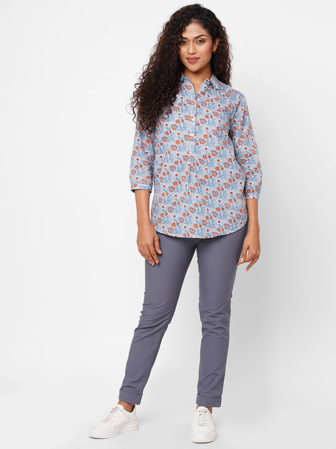 Women's Blue Cotton Lurex Slim Fit Pant - Image 5