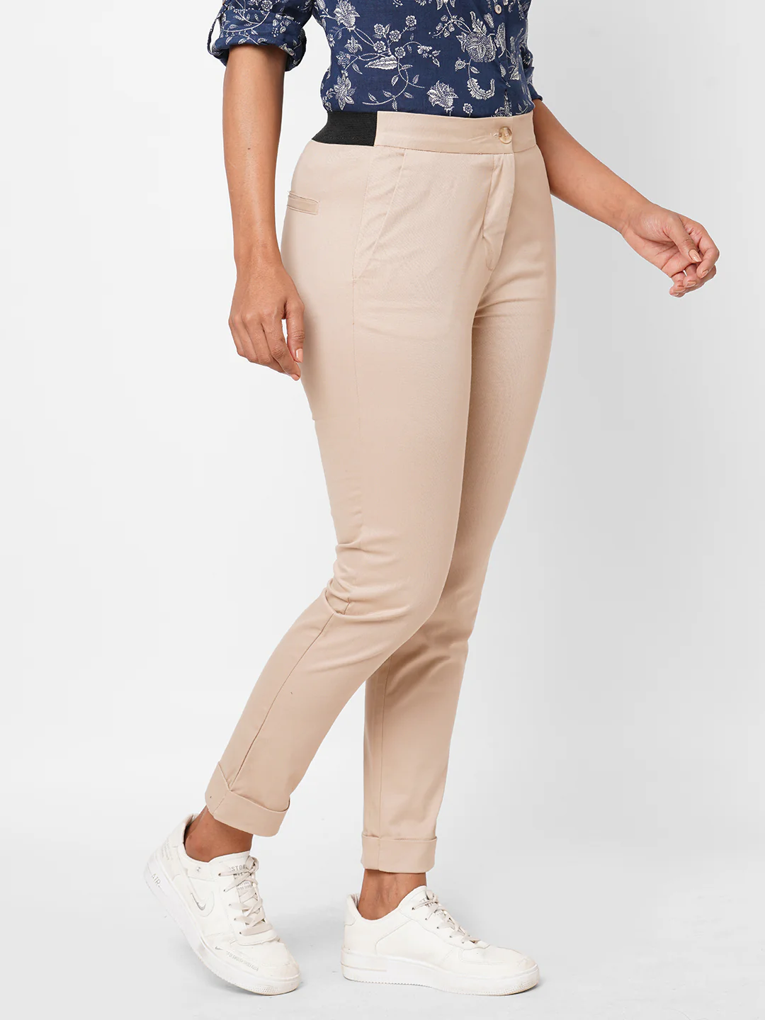 Women's Beige Cotton Lycra Slim Fit Pant - Image 3