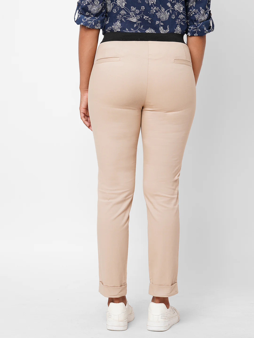 Women's Beige Cotton Lycra Slim Fit Pant - Image 4