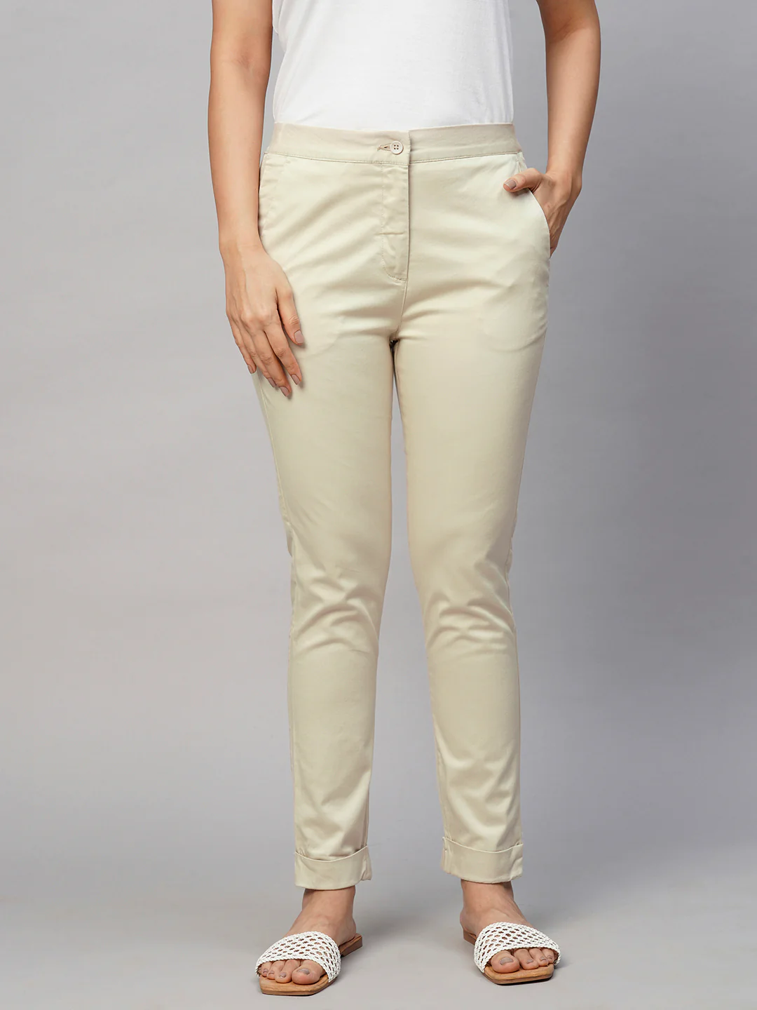 Women's Beige Cotton Lycra Slim Fit Pant - Image 2