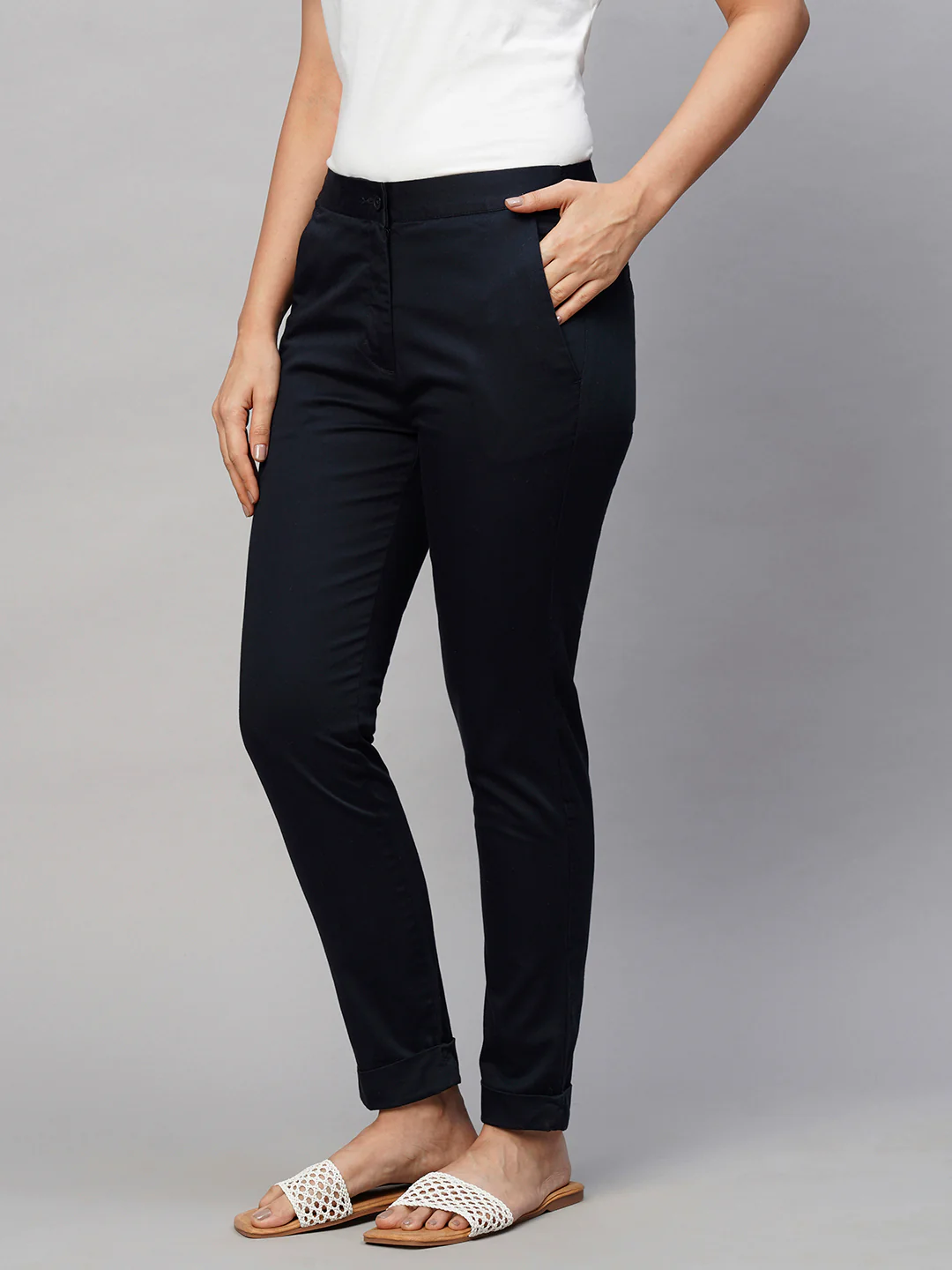 Women's Navy Cotton Lycra Slim Fit Pant - Image 3