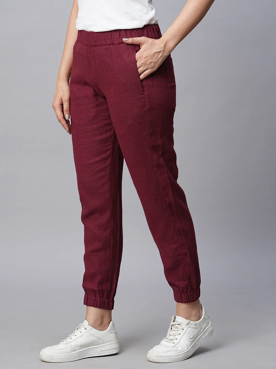 Women's Maroon/Red Linen Viscose Jogger Pant - Image 3