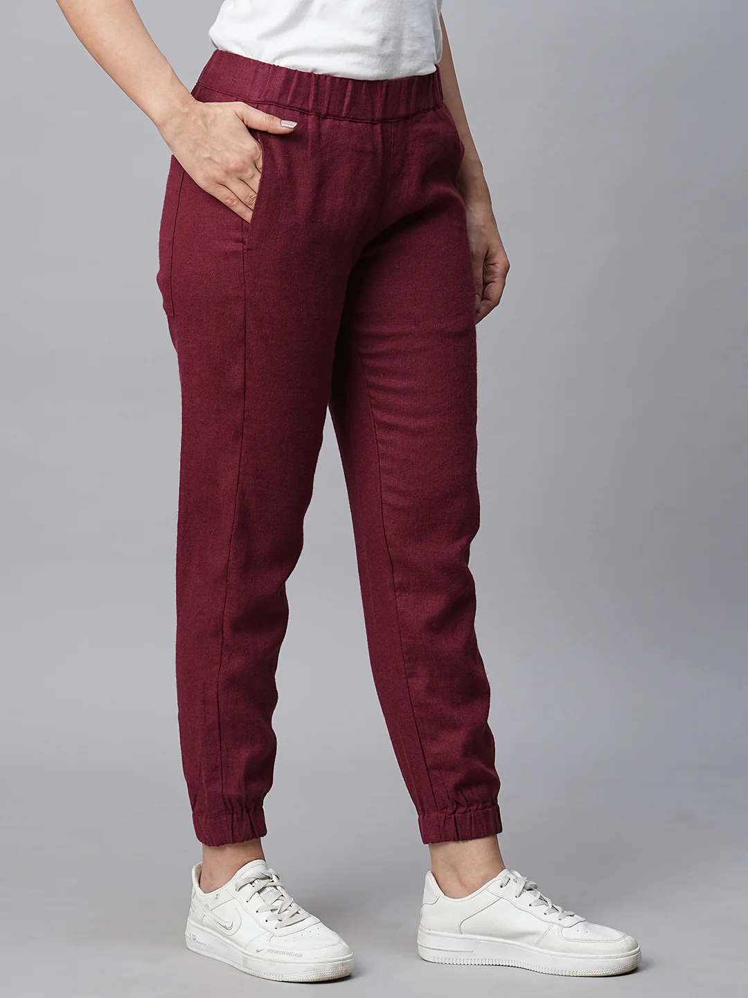 Women's Maroon/Red Linen Viscose Jogger Pant - Image 4