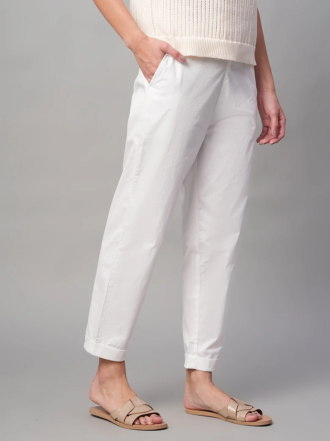 Women's White Cotton Lycra Regular Fit Pant - Image 4