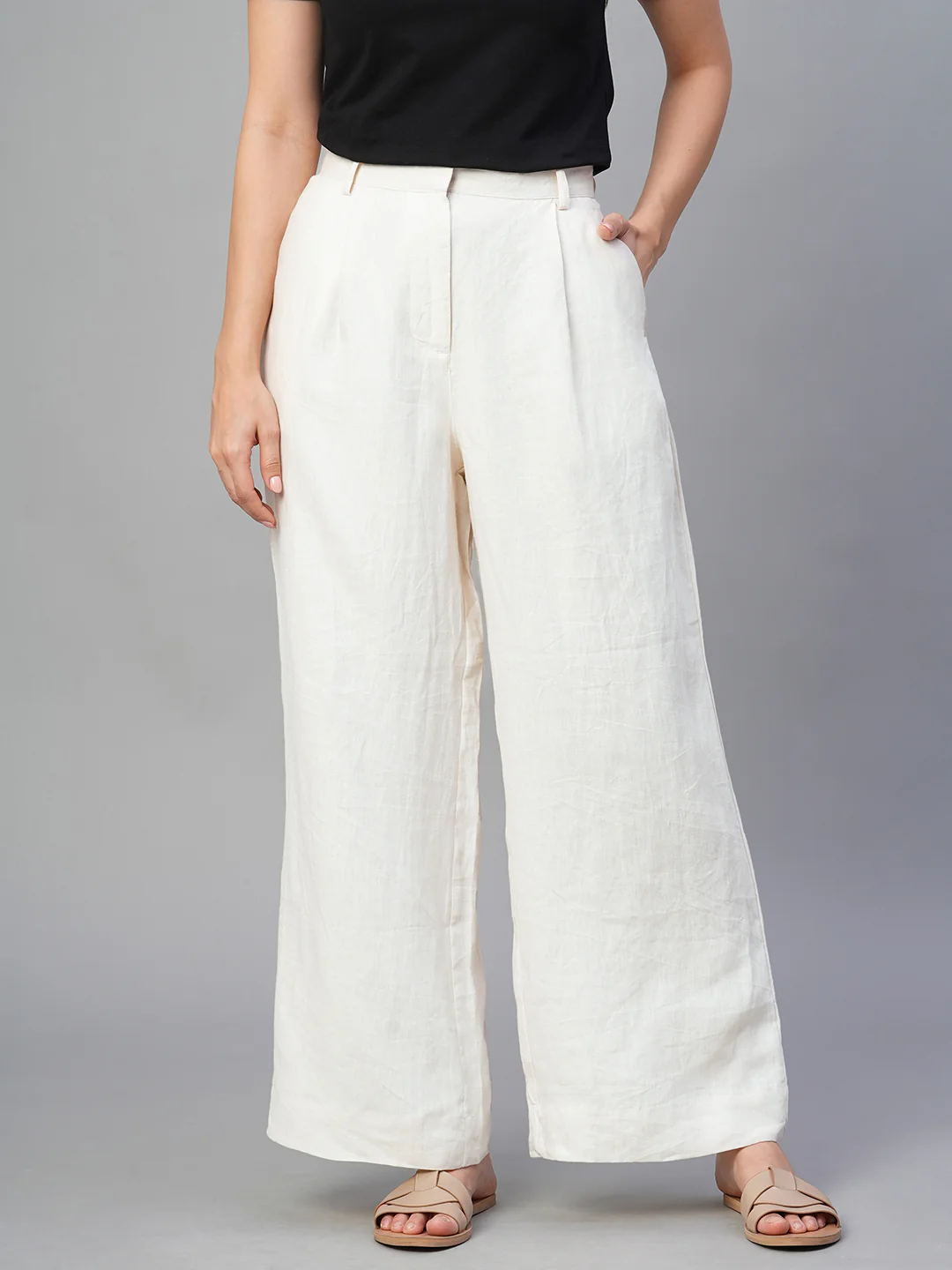 Women's Beige 100% Linen Wide Leg Pant - Image 3