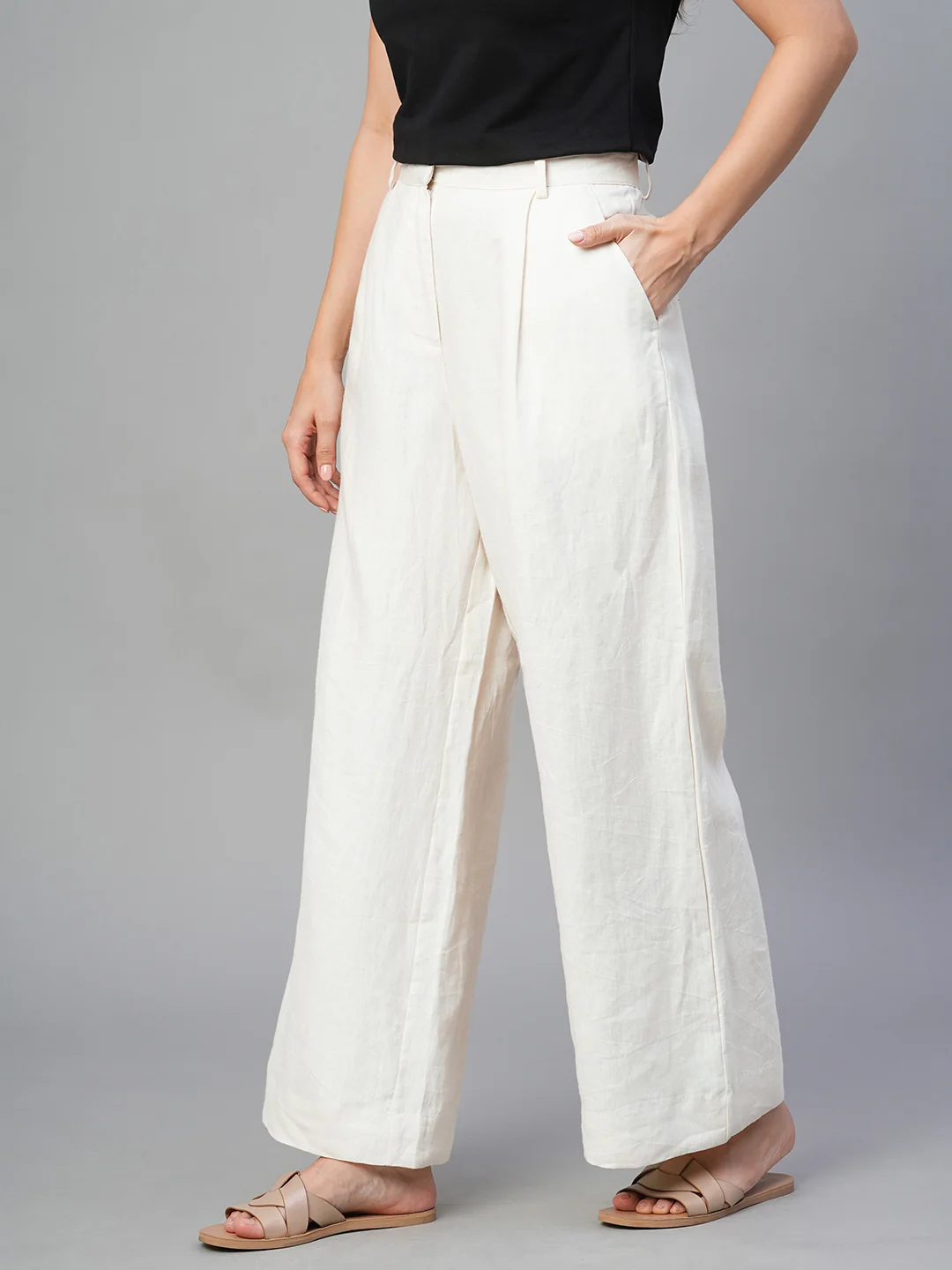 Women's Beige 100% Linen Wide Leg Pant - Image 4