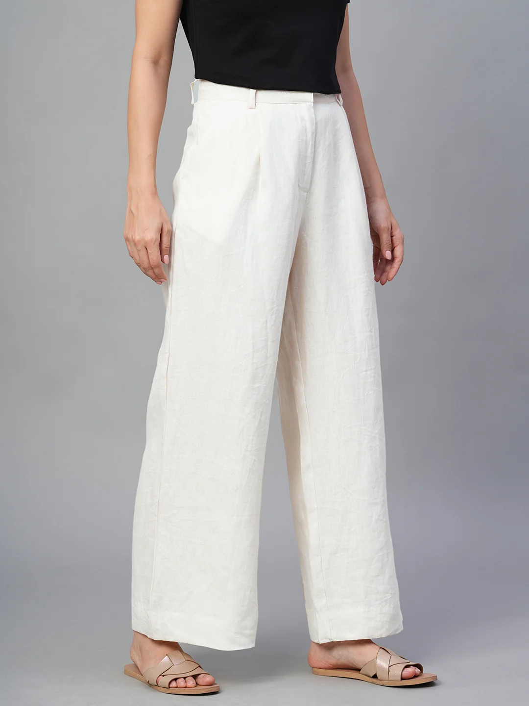 Women's Beige 100% Linen Wide Leg Pant - Image 5