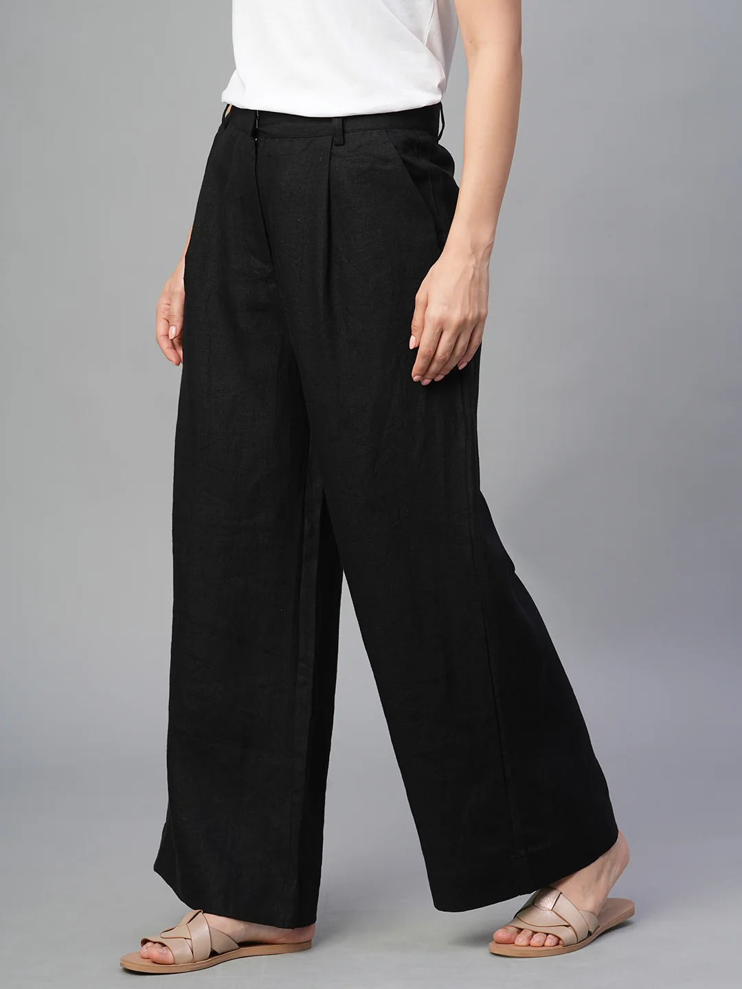 Women's Black 100% Linen Wide Leg Pant - Image 3