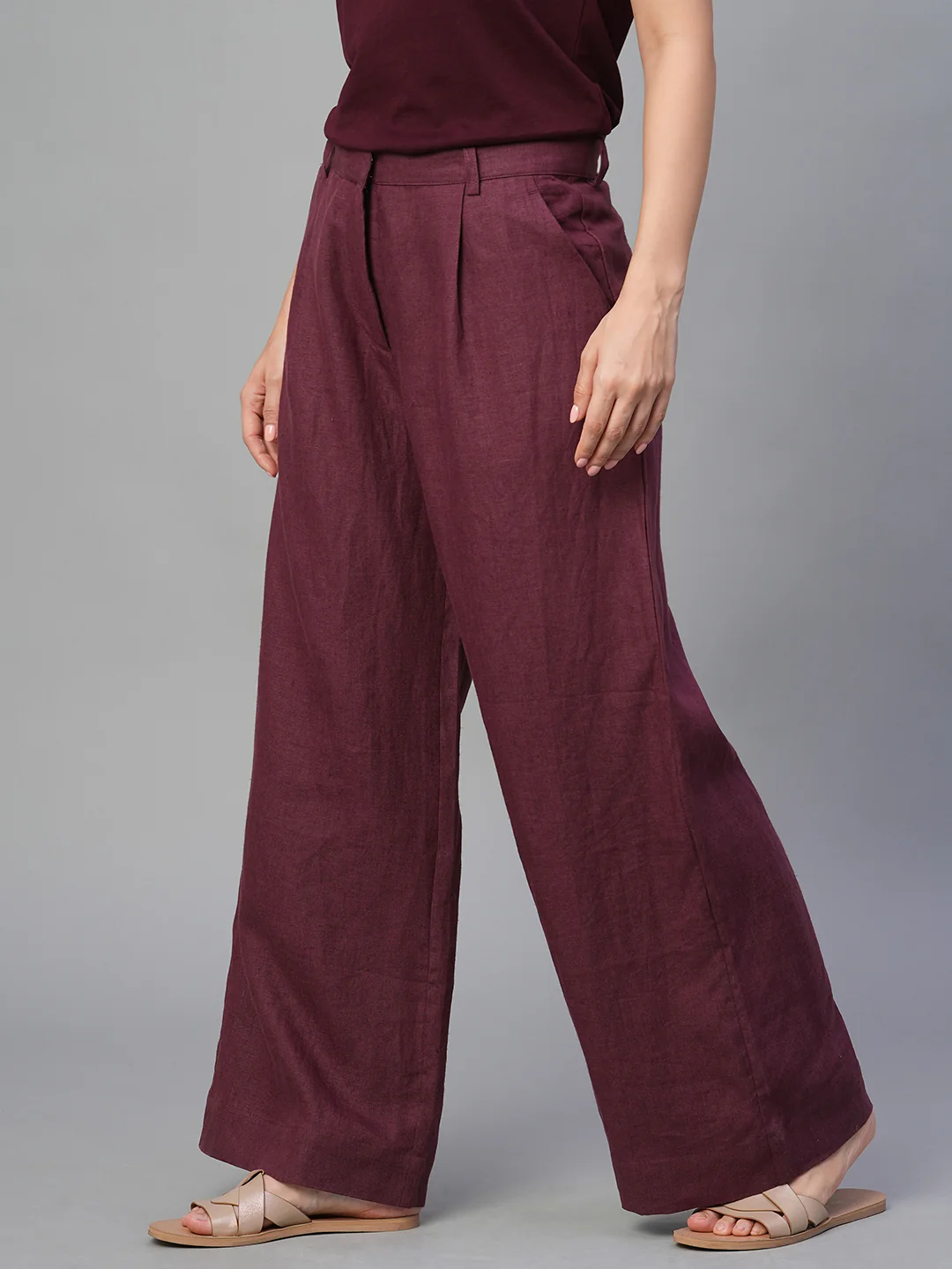 Women's Wine 100% Linen Wide Leg Pant - Image 3