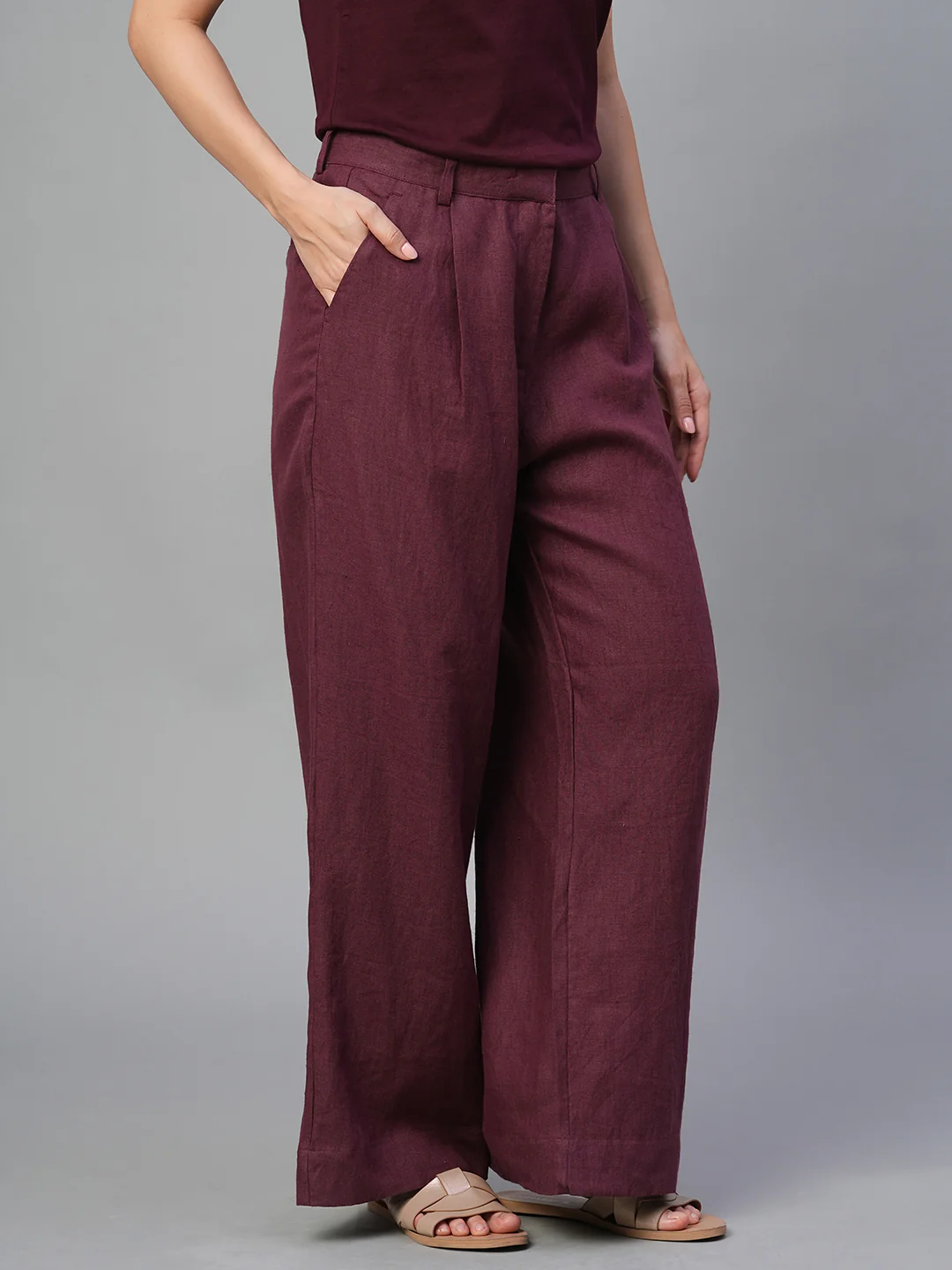 Women's Wine 100% Linen Wide Leg Pant - Image 4