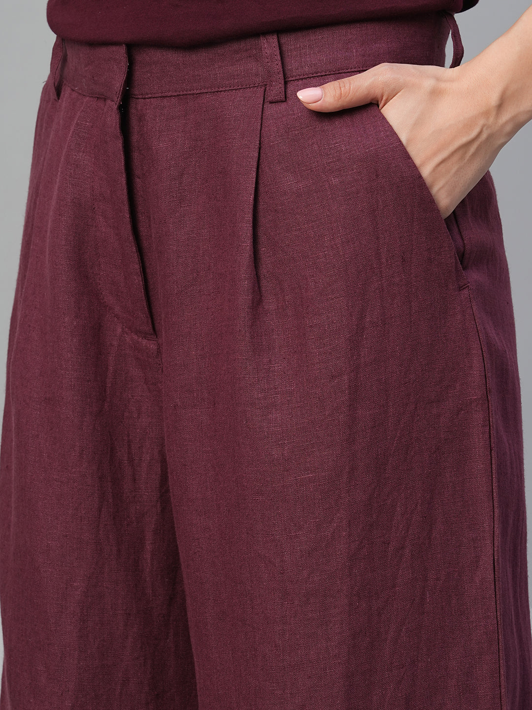Women's Wine 100% Linen Wide Leg Pant - Image 6