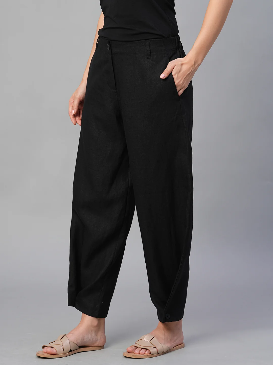 Women's Black 100% Linen Regular Fit Pant - Image 2