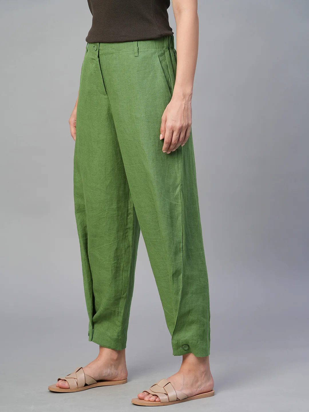 Women's Green 100% Linen Regular Fit Pant - Image 2