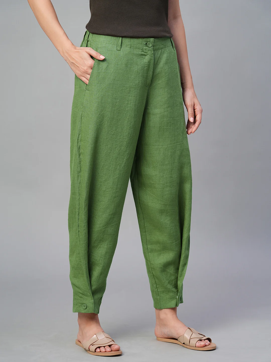 Women's Green 100% Linen Regular Fit Pant - Image 3