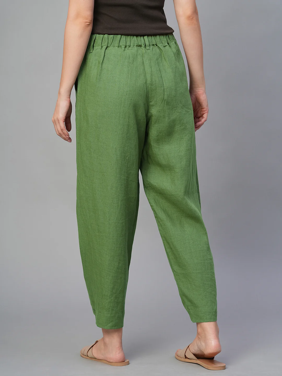 Women's Green 100% Linen Regular Fit Pant - Image 4