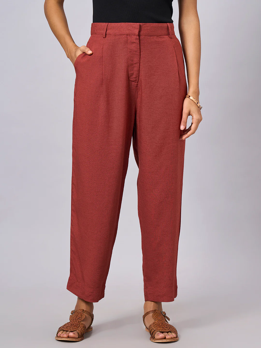 Women's Rust Linen Viscose Regular Fit Pant - Image 2