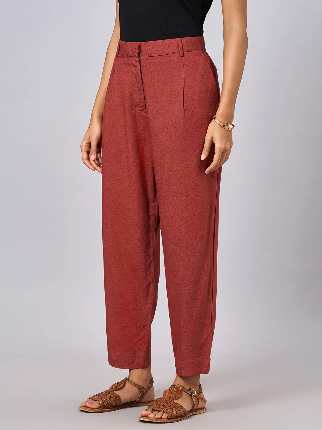 Women's Rust Linen Viscose Regular Fit Pant - Image 3