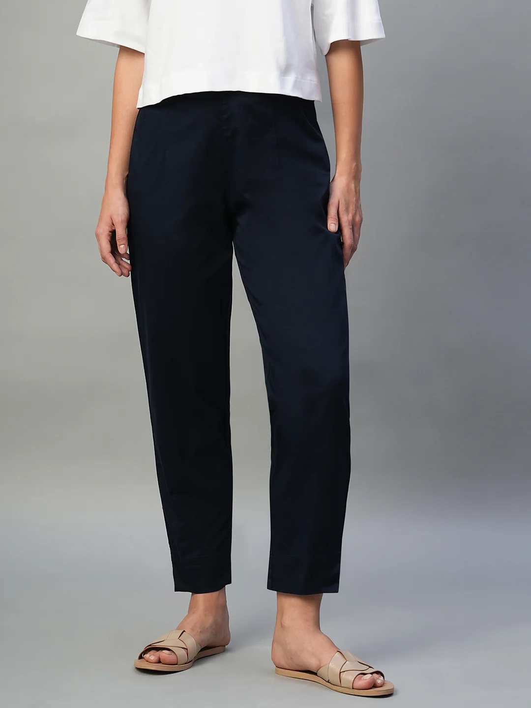 Women's Navy Cotton Lycra Regular Fit Pant - Image 2