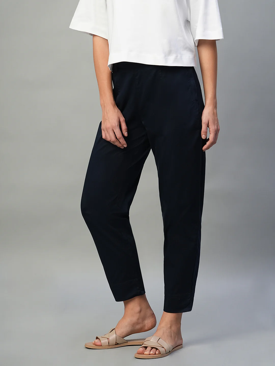 Women's Navy Cotton Lycra Regular Fit Pant - Image 3
