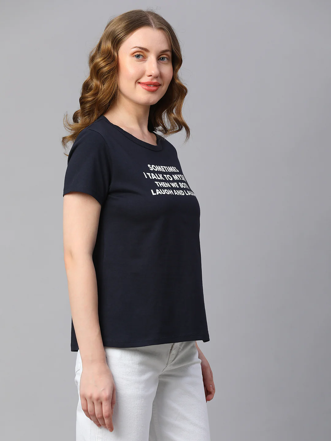 Women's Navy Cotton Regular Fit Tshirt - Image 4