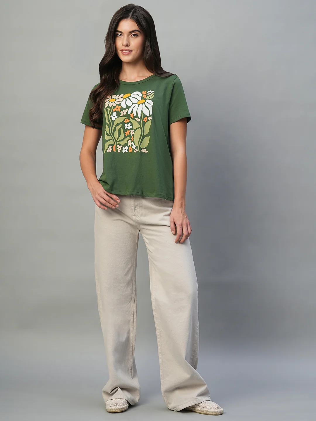 Women's Olive 100% Cotton Regular Fit Tshirt - Image 2