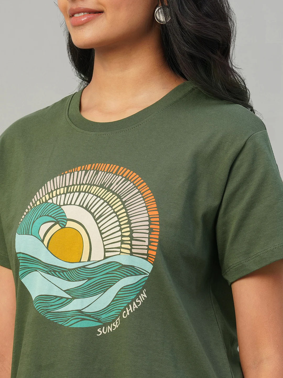 Women's Olive 100% Cotton Regular Fit Tshirt - Image 7