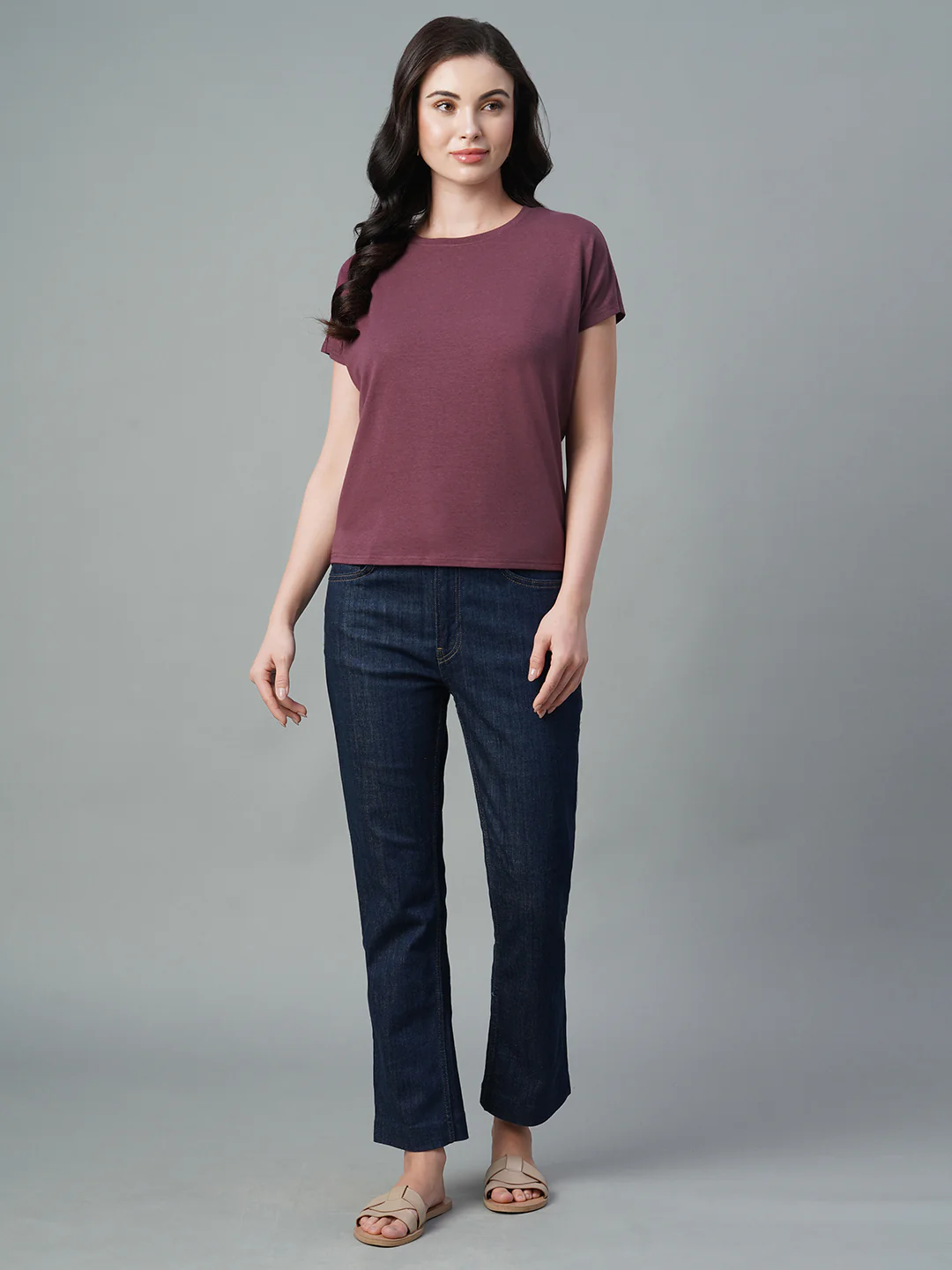 Women's Wine Cotton Bamboo Elastane Regular Fit Tshirt - Image 2