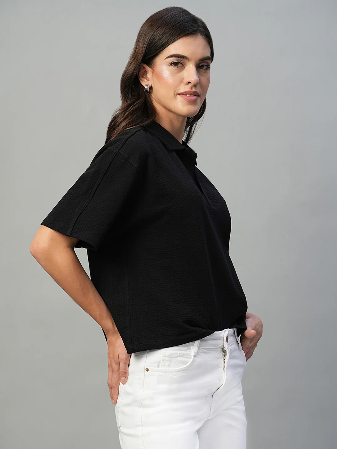 Women's Black Cotton Elastane Regular Fit Tshirt - Image 5