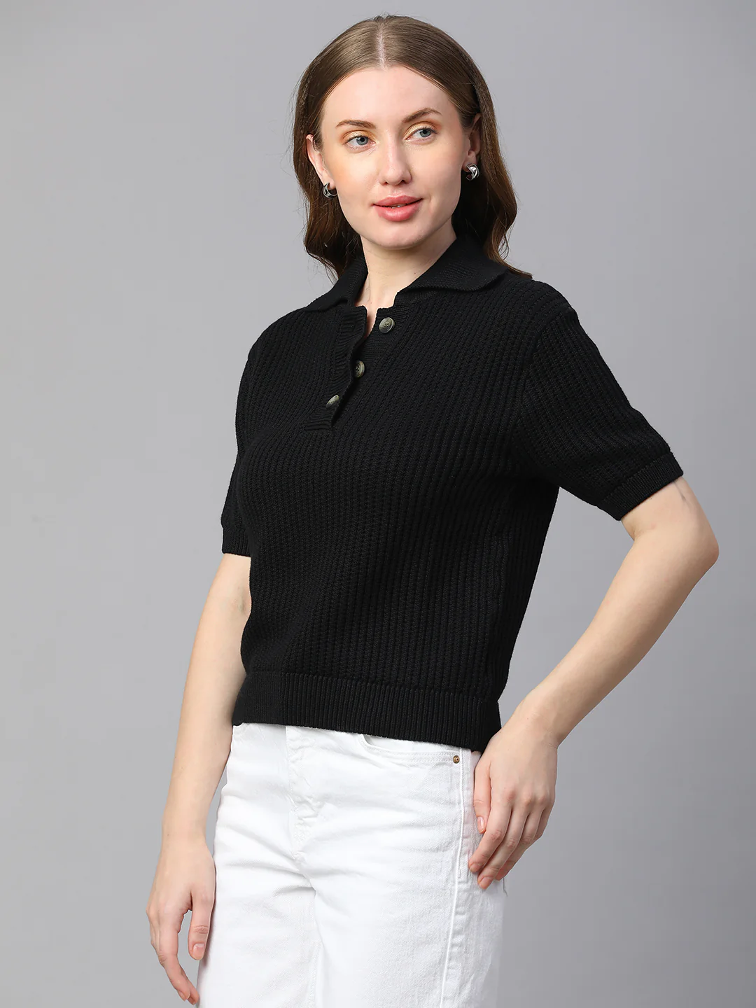Women's Black Cotton Regular Fit Tshirt - Image 4