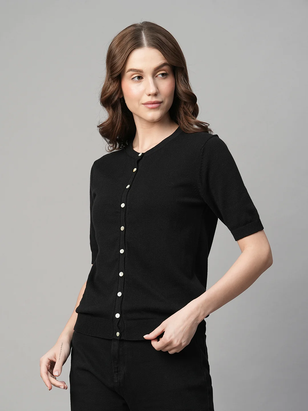 Women's Black Cotton Viscose Regular Fit Tshirt - Image 3