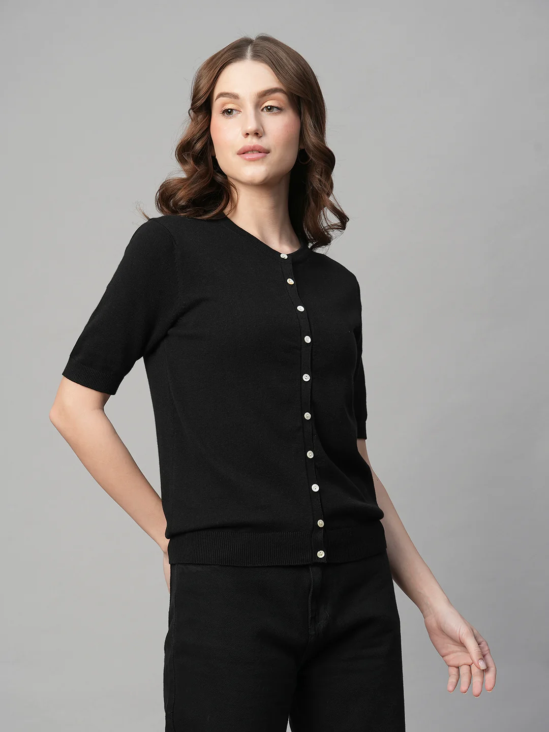 Women's Black Cotton Viscose Regular Fit Tshirt - Image 4
