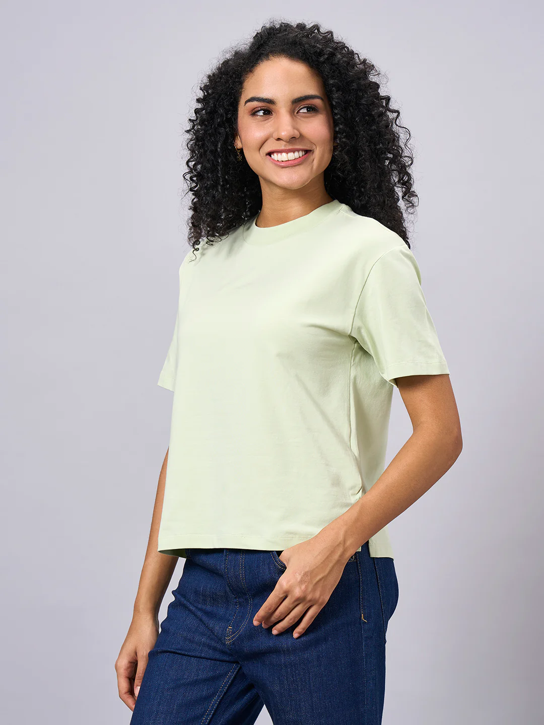 Women's Green Cotton Elastane Regular Fit Tshirt - Image 2