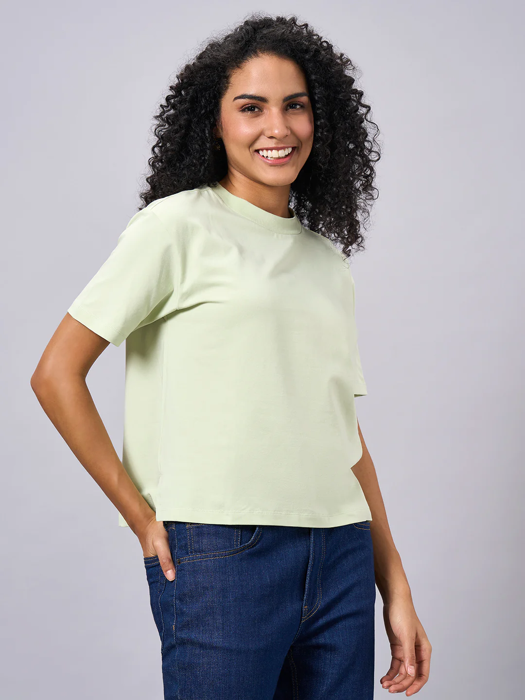 Women's Green Cotton Elastane Regular Fit Tshirt - Image 3