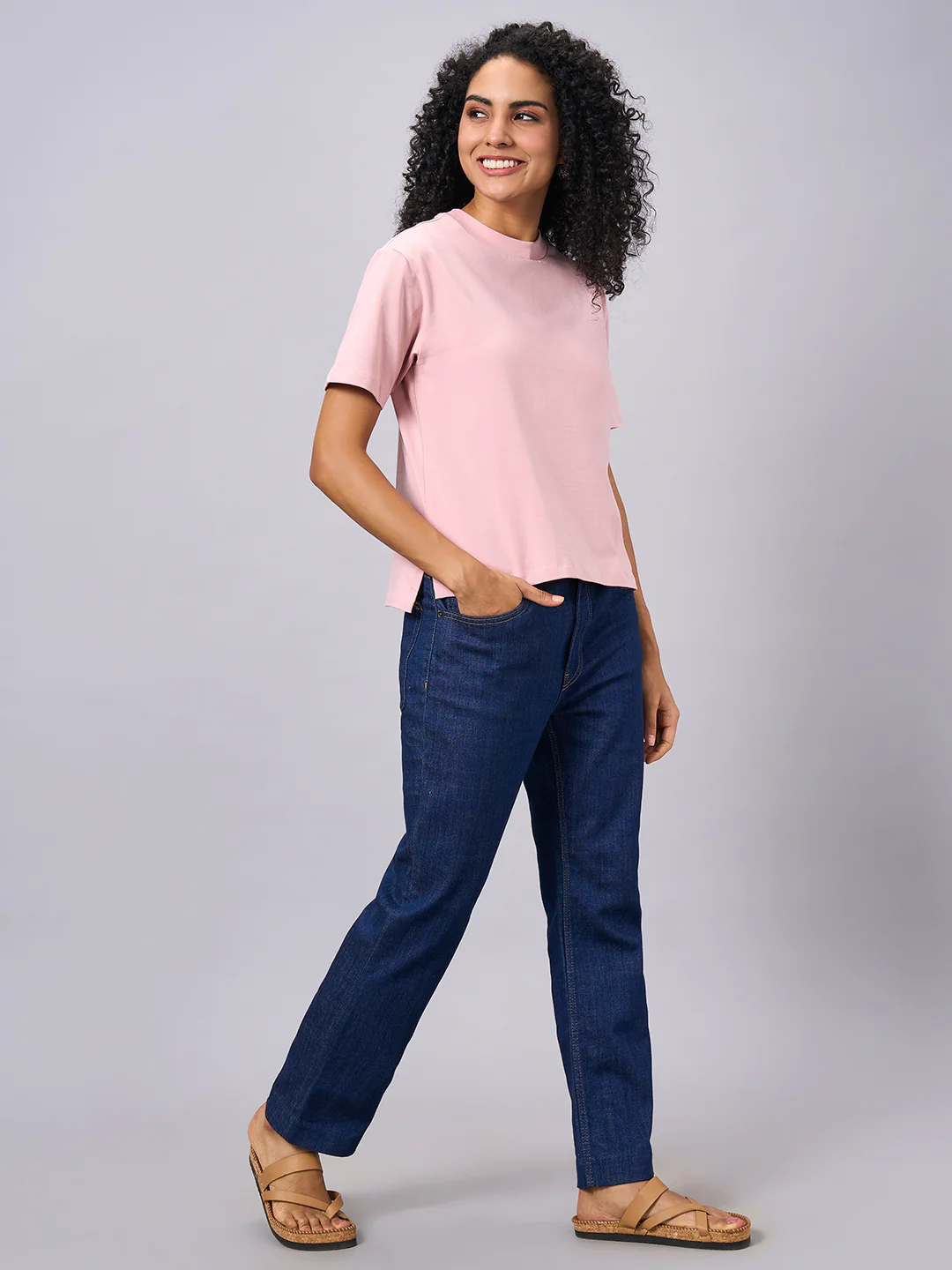 Women's Pink Cotton Elastane Regular Fit Tshirt - Image 5