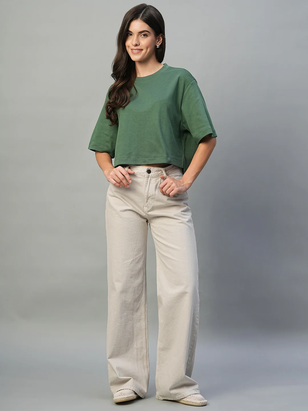 Women's Olive 100% Cotton Boxy Fit Tshirt - Image 2