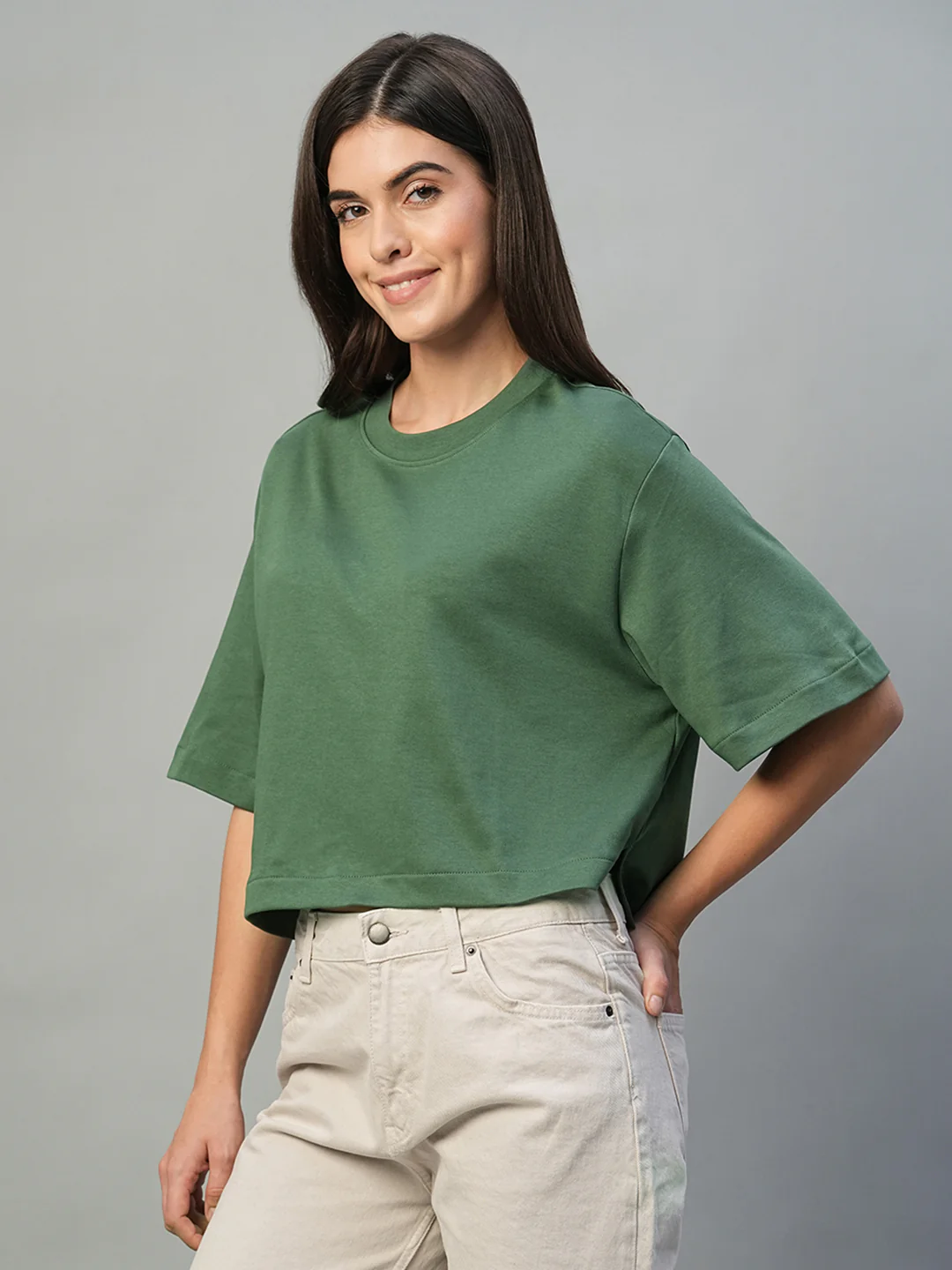 Women's Olive 100% Cotton Boxy Fit Tshirt - Image 3