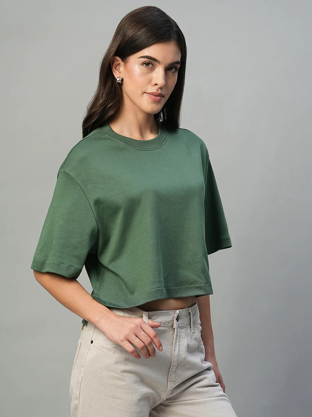 Women's Olive 100% Cotton Boxy Fit Tshirt - Image 4