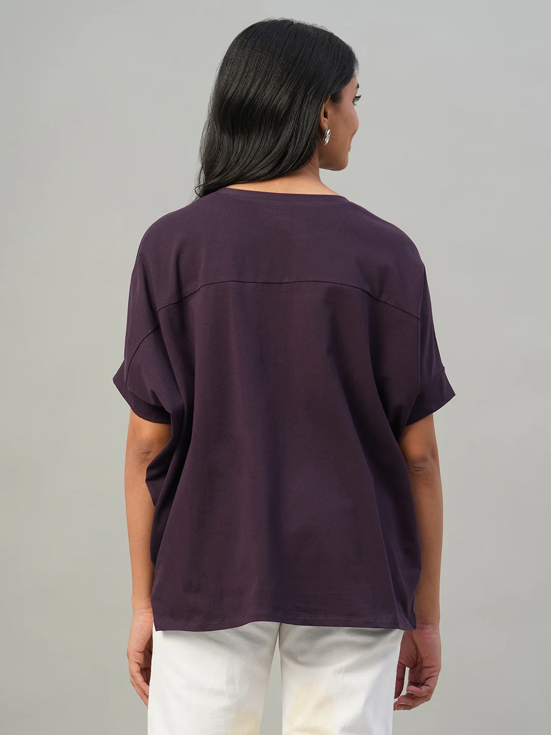 Women's Purple Cotton Elastane Loose Fit Tshirt - Image 4